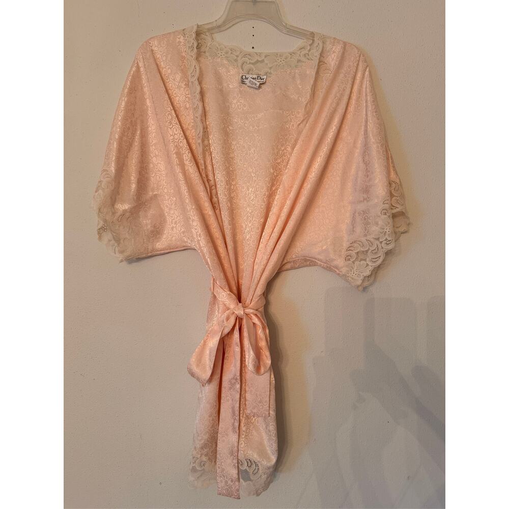 Vintage Christian Dior Women's Light Pink Blush Peach Satin Lace Robe Large NWOT - Picture 2 of 13